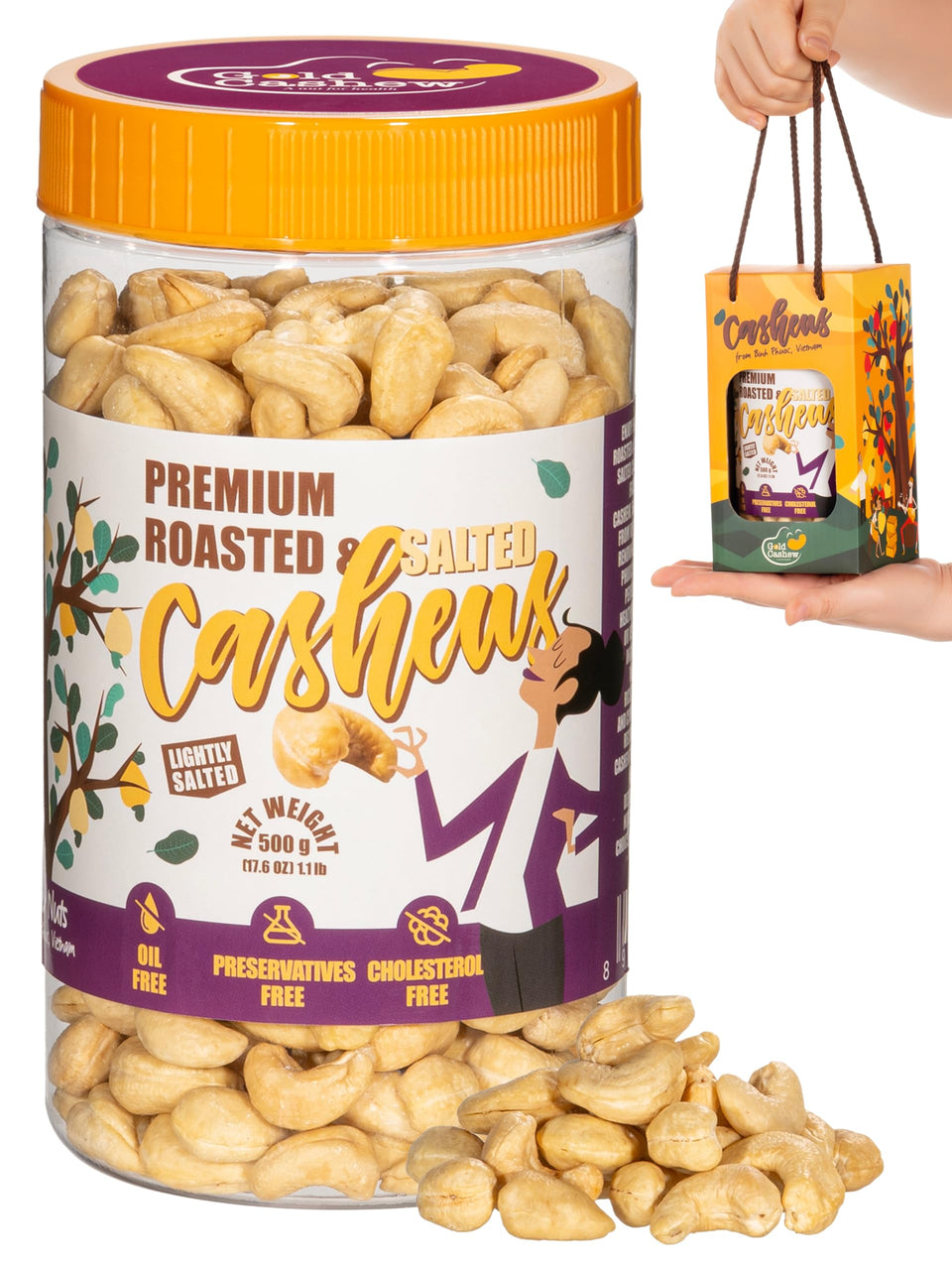 Gold Cashew roasted lightly salted in jar for pantry freshness and convenient snacking.