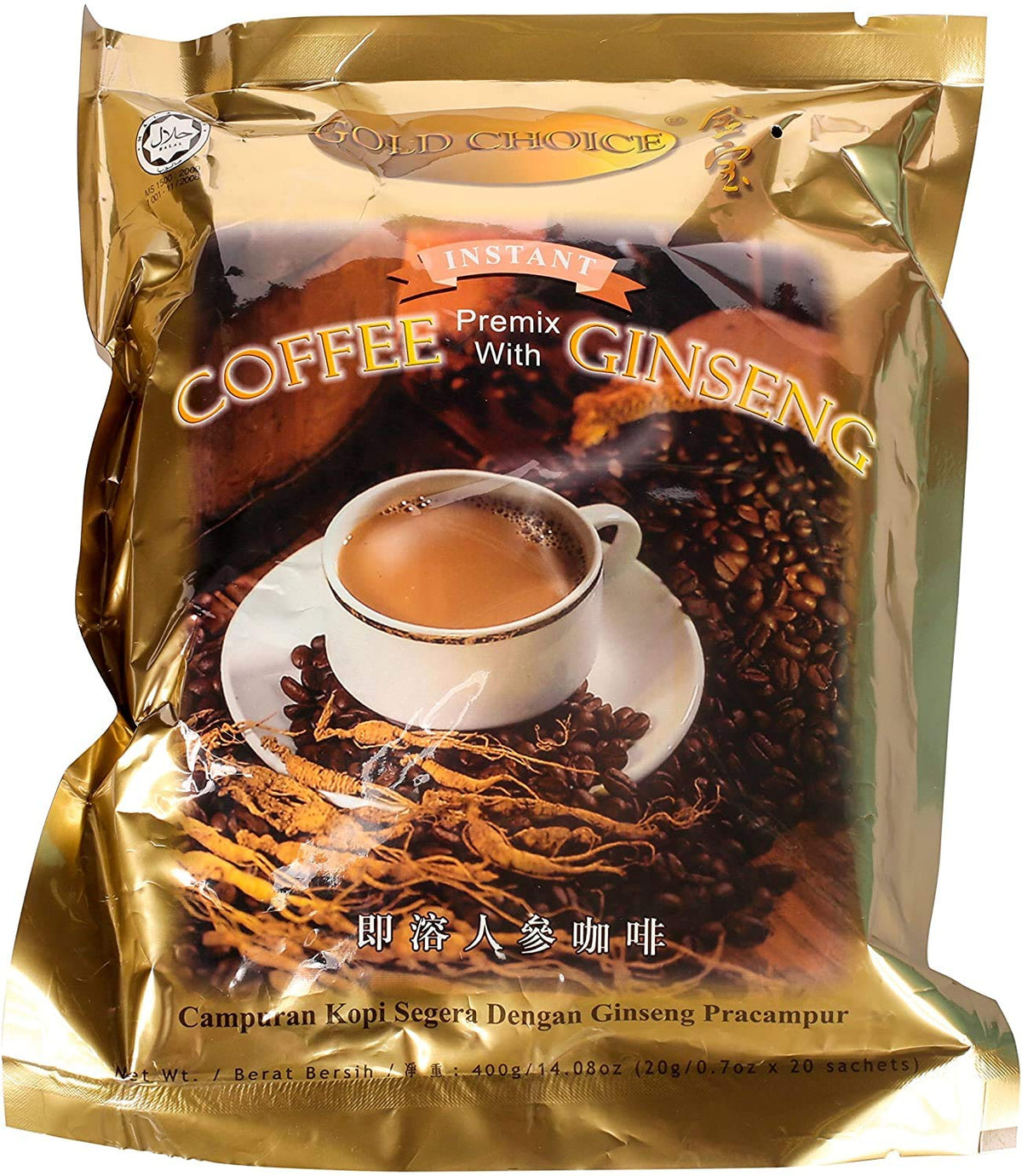 Gold Choice Ginseng Coffee close-up aroma bag highlighting premium blend.