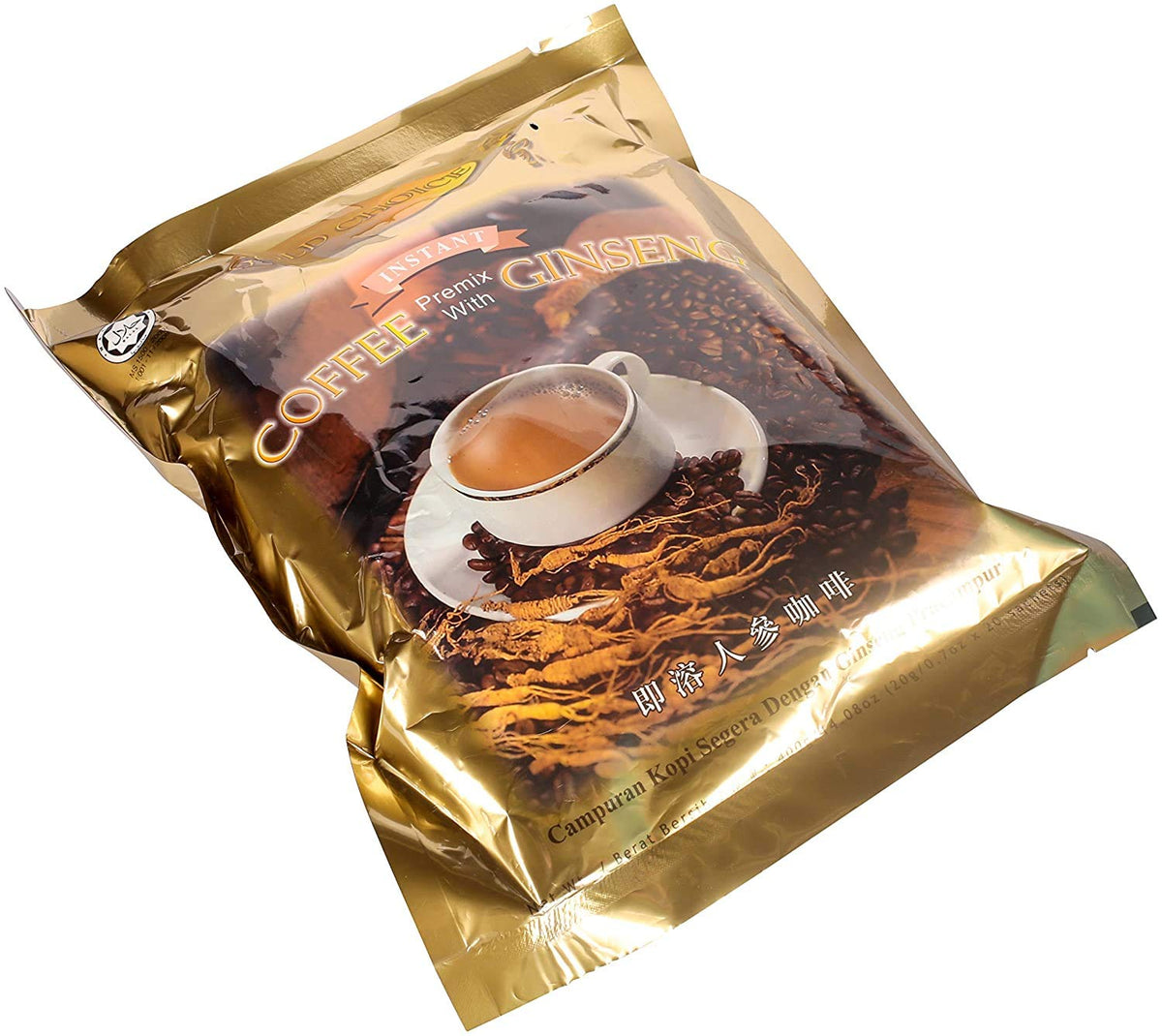 Gold Choice Ginseng Coffee pack on kitchen counter for easy daily use.