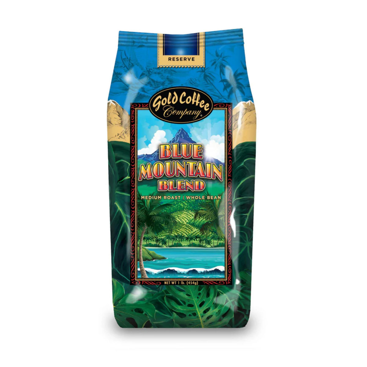 Gold Coffee Co. Blue Mountain Premium Blend bag highlights premium whole beans and rich aroma.