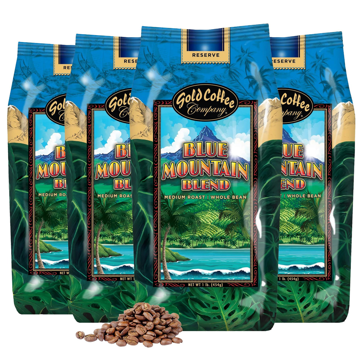 Gold Coffee Co. Blue Mountain Premium Blend bag highlighting rich aroma.