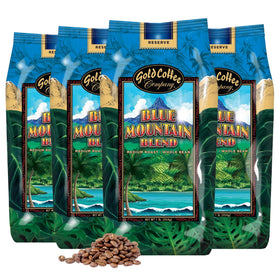 Gold Coffee Co. Blue Mountain Premium Blend bag highlighting rich aroma.