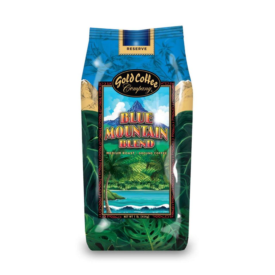 Gold Coffee Co. Blue Mountain Premium Blend packaging emphasizes freshness in a ready-to-store 1 lb bag.