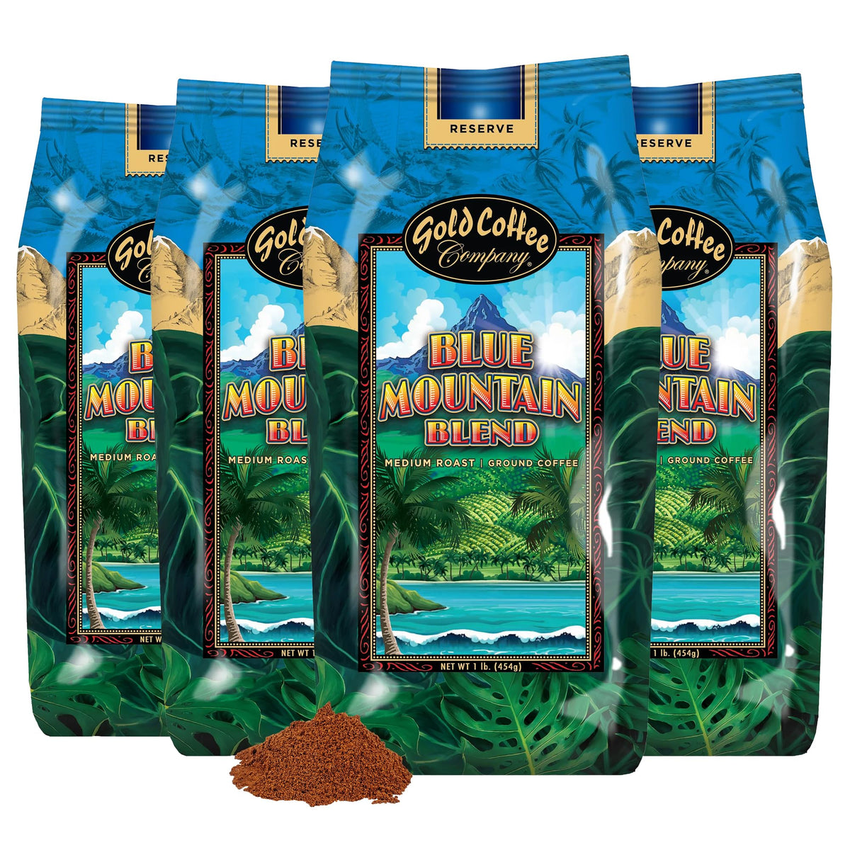 GOLD COFFEE COMPANY Blue Mountain Premium Blend packaging shows premium grounds for home brewing