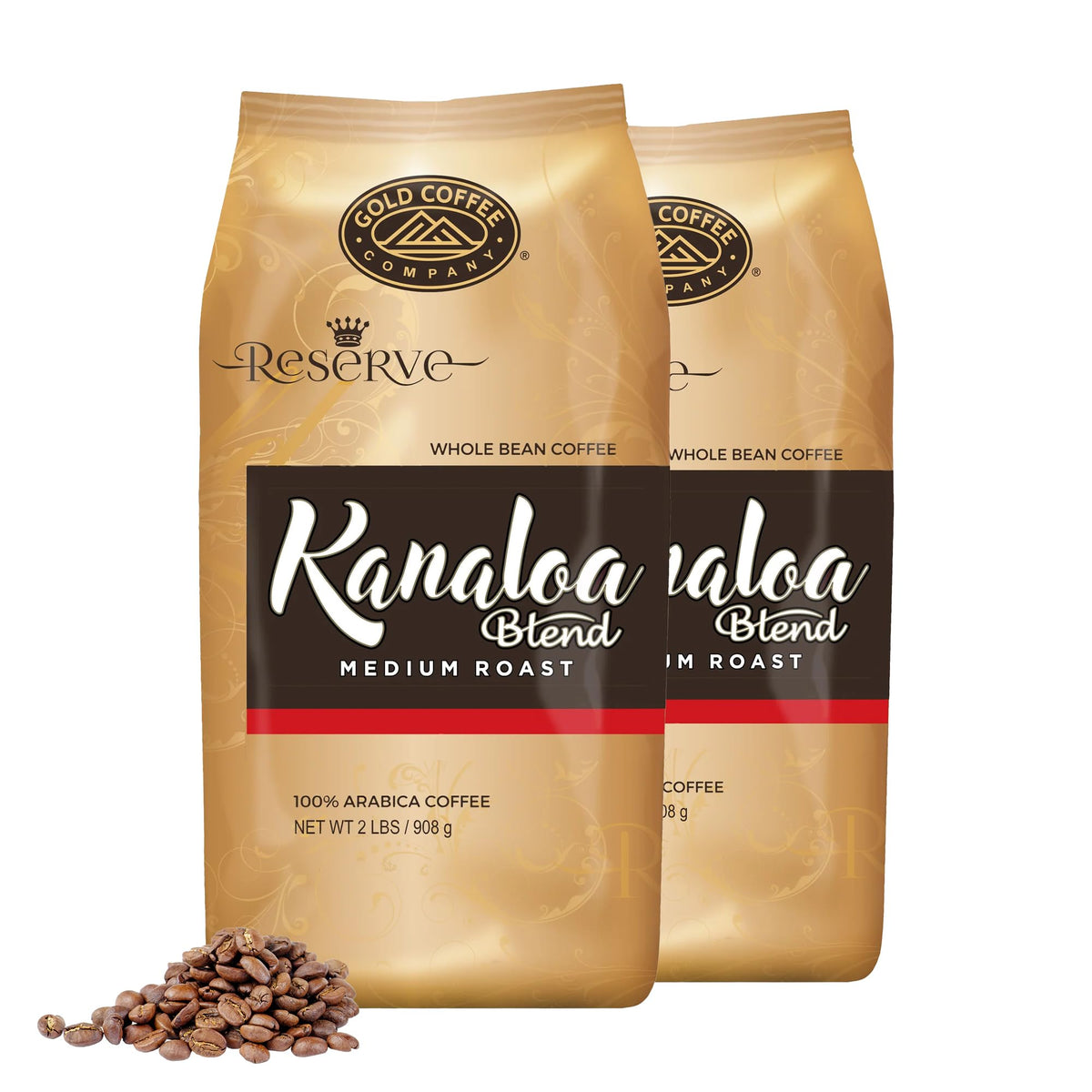 Gold Coffee Kanaloa pack shot with premium Arabica beans for a smooth start.
