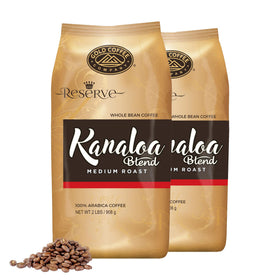 Gold Coffee Kanaloa pack shot with premium Arabica beans for a smooth start.