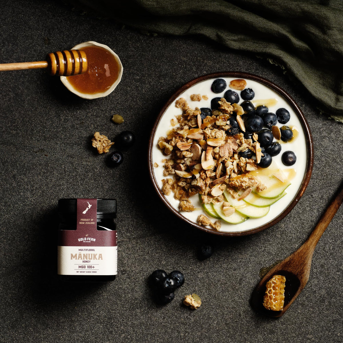 Gold Fern Honey label detail with MGO 100+ certification