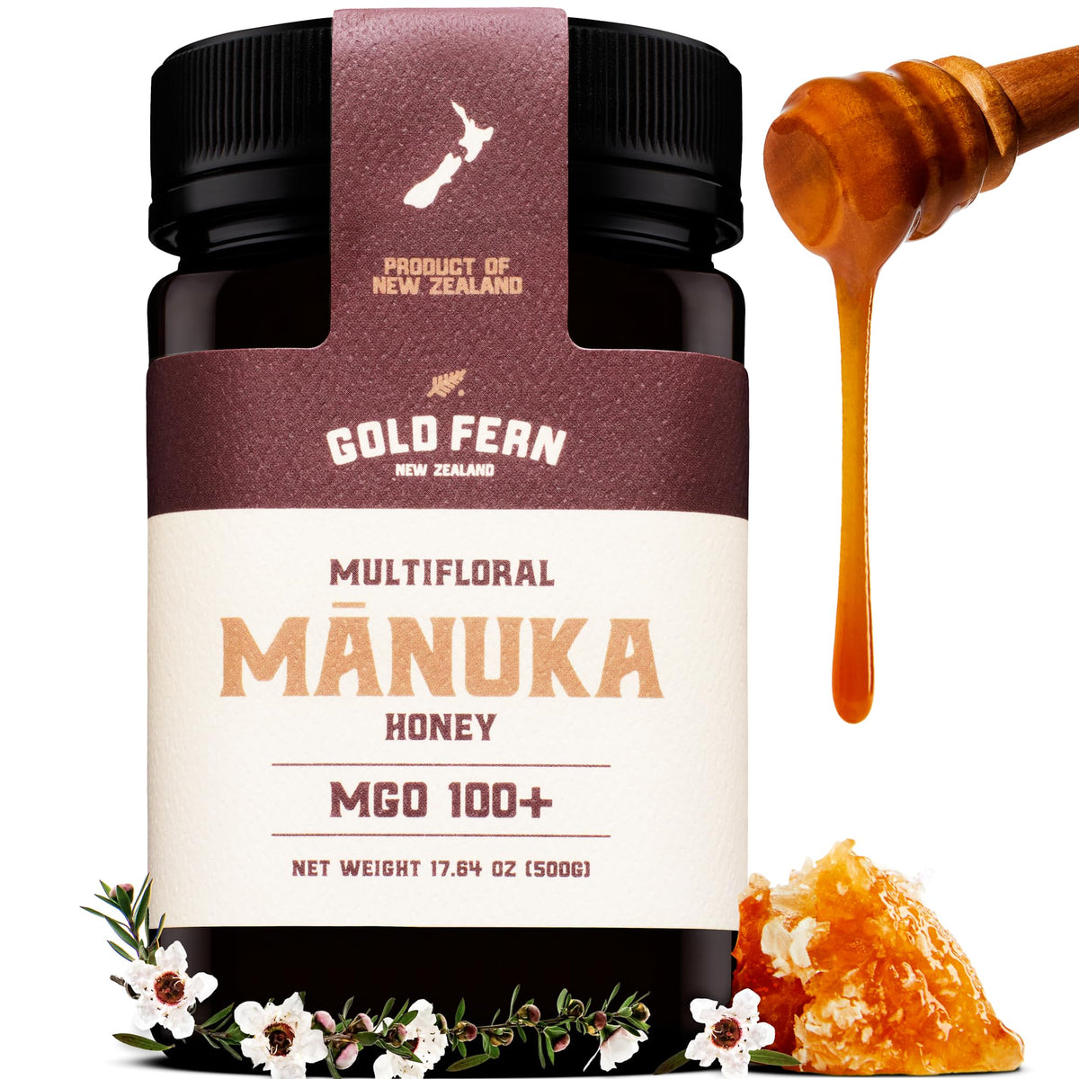 Gold Fern Honey Manuka bottle on shelf shows pure, raw flavor for daily use.