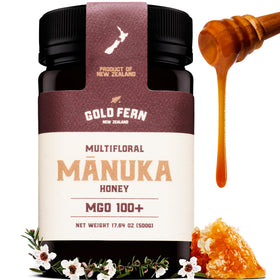 Gold Fern Honey Manuka bottle on shelf shows pure, raw flavor for daily use.
