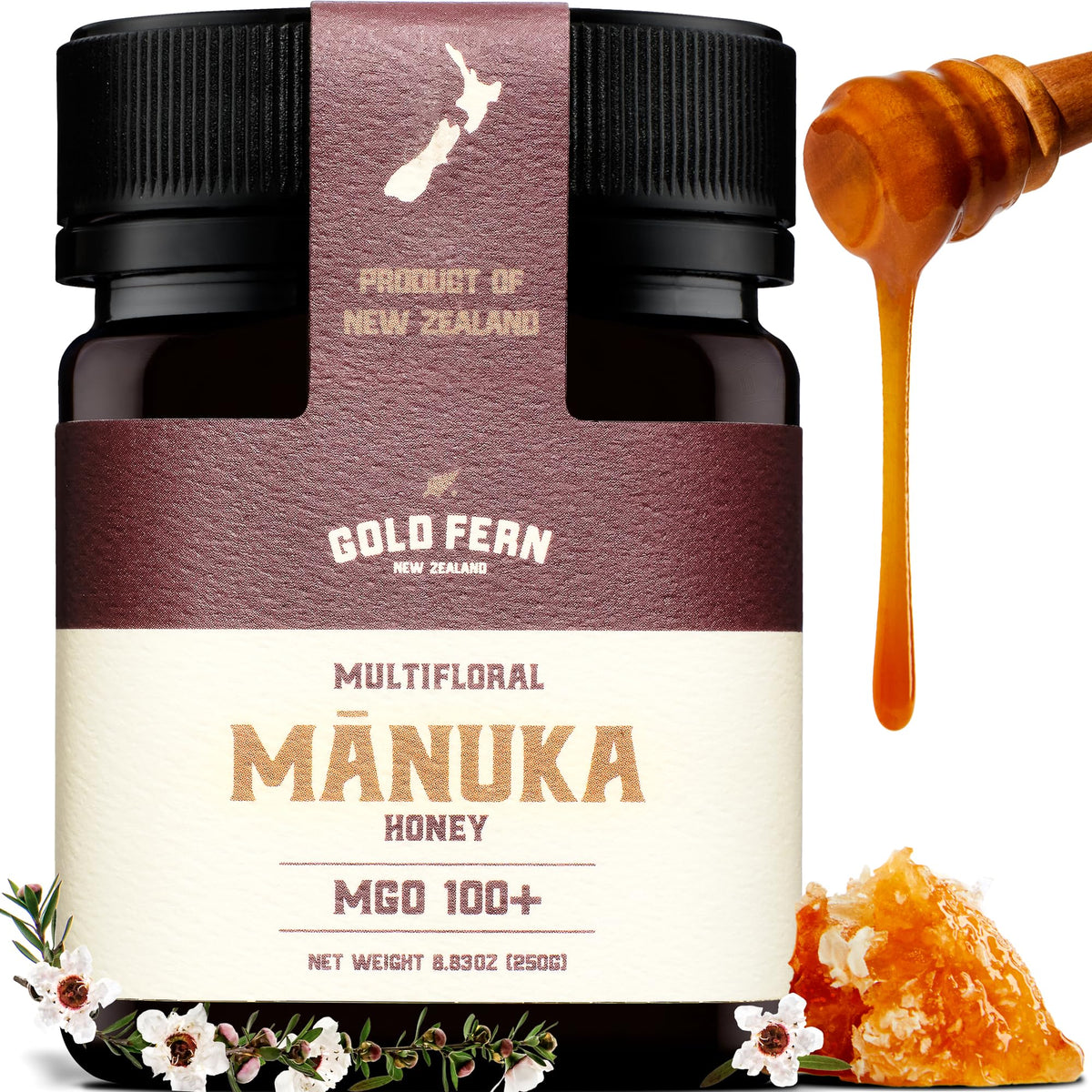 Gold Fern Honey Manuka bottle pour showing pure, raw honey ideal for tea