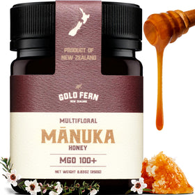 Gold Fern Honey Manuka bottle pour showing pure, raw honey ideal for tea