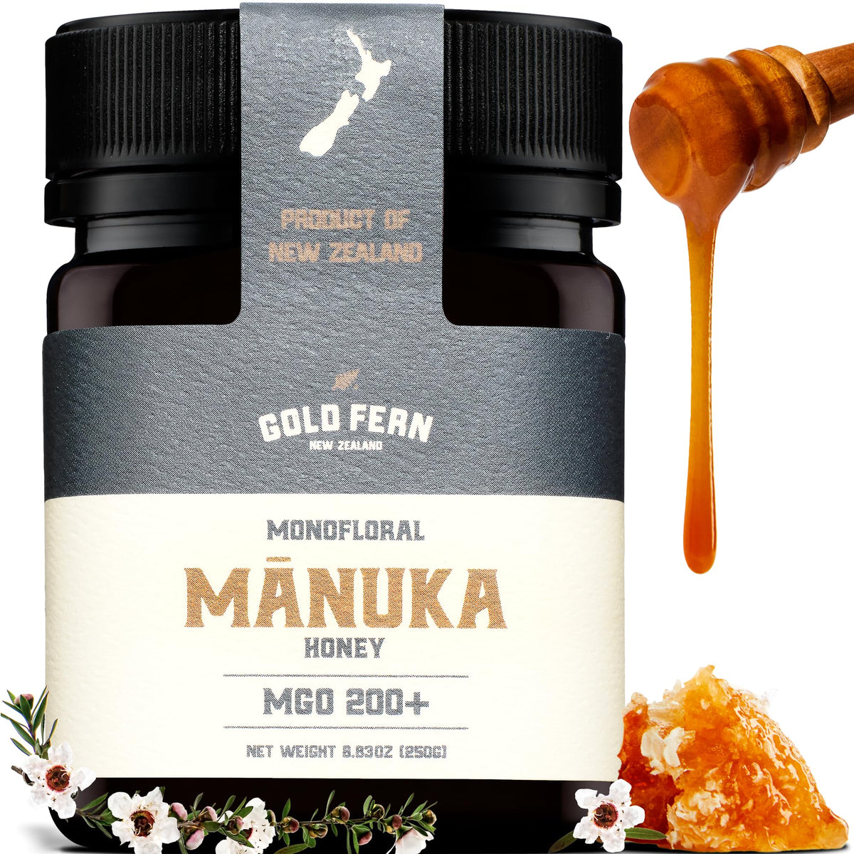 Gold Fern Honey Manuka bottle, raw and pure.
