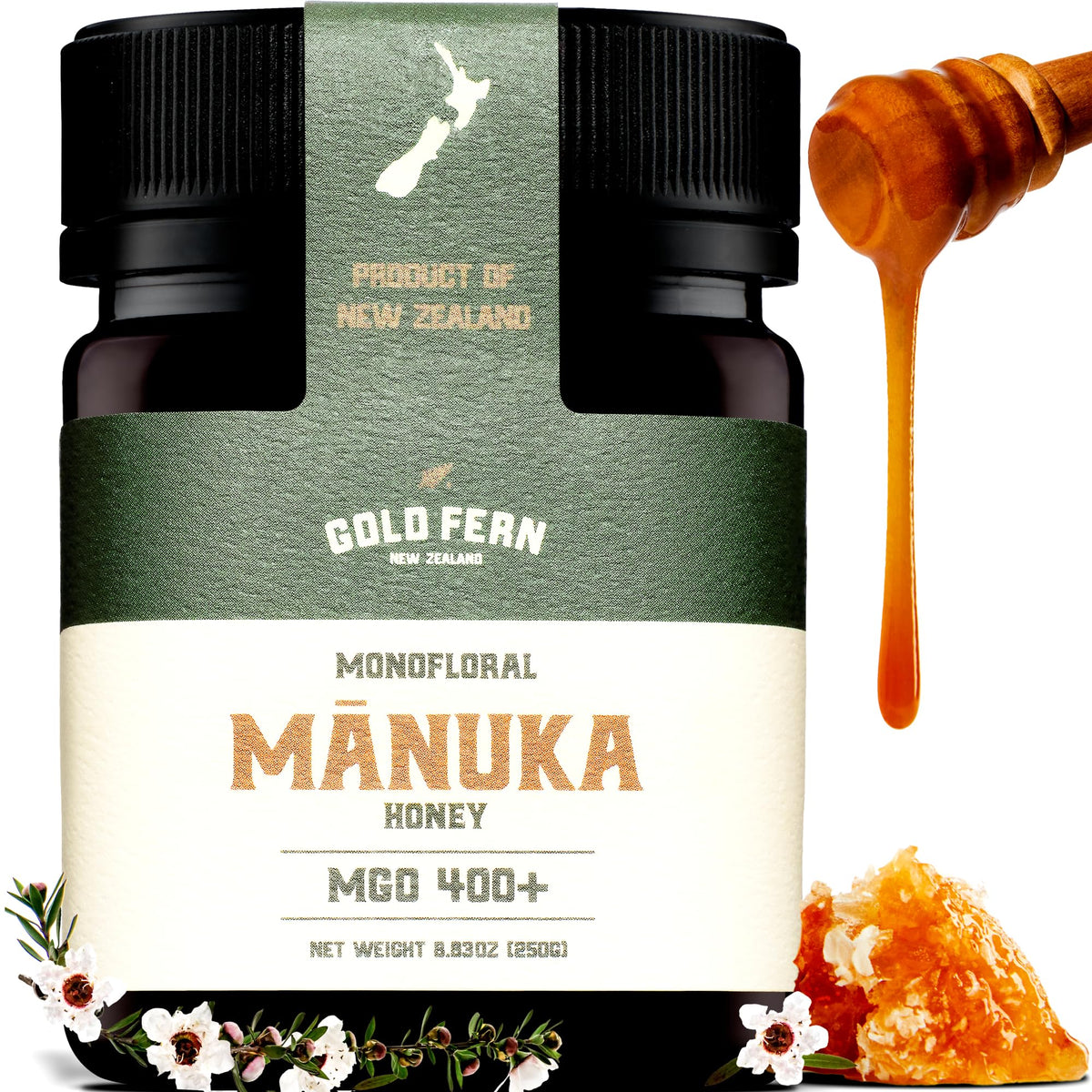 Gold Fern Honey bottle with MGO 400+ on kitchen counter, ready for daily use.
