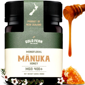 Gold Fern Honey bottle with MGO 400+ on kitchen counter, ready for daily use.