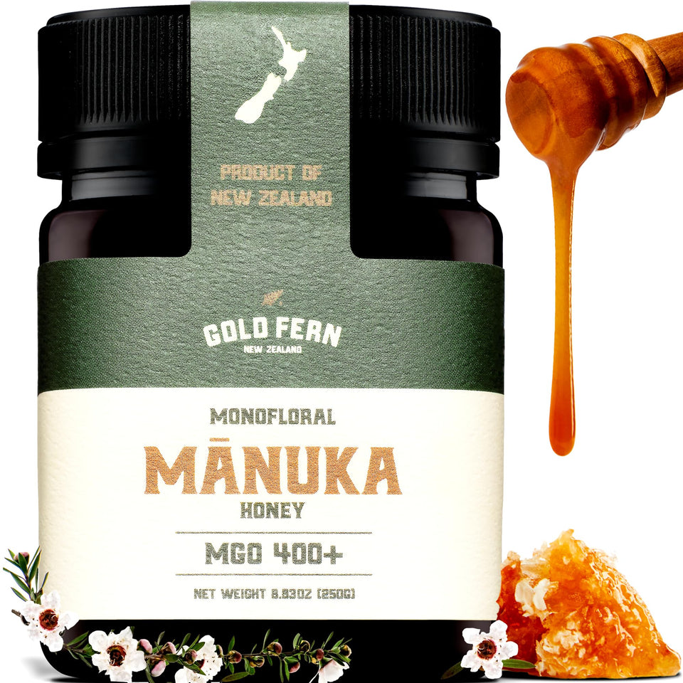 Gold Fern Honey bottle with MGO 400+ on kitchen counter, ready for daily use.