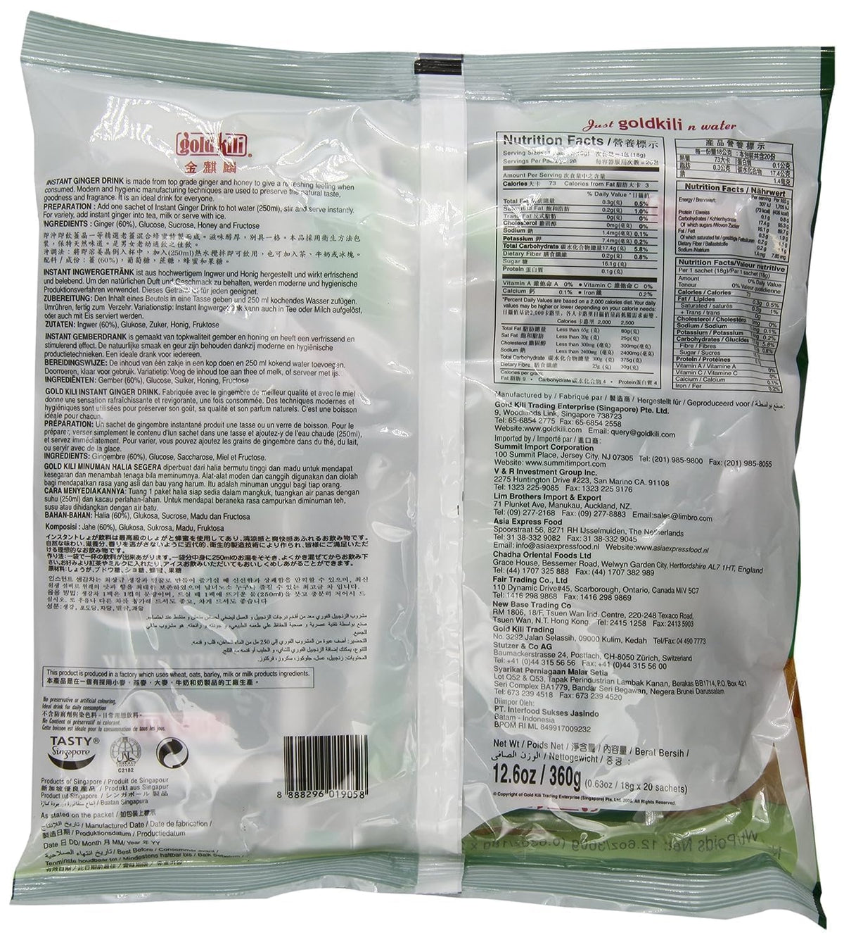 Gold Kili ginger drink sachets close-up highlighting premium ingredients