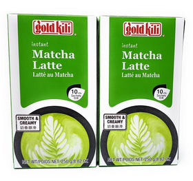 Gold Kili Instant Matcha Latte box pack 2 on countertop for quick, delicious morning indulgence.
