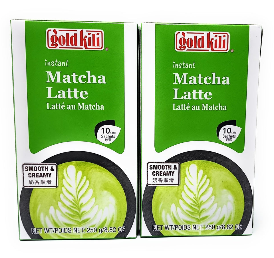 Gold Kili Instant Matcha Latte box pack 2 on countertop for quick, delicious morning indulgence.