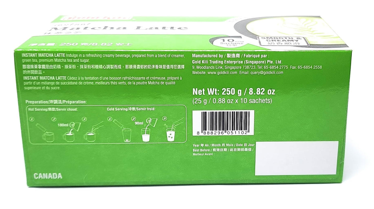 Gold Kili Instant Matcha Latte pack two on kitchen shelf offering convenient, shareable beverage option.
