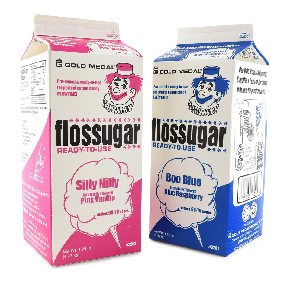 Gold Medal flossugar blue raspberry pink vanilla in box, ready to use for quick, vibrant cotton candy.
