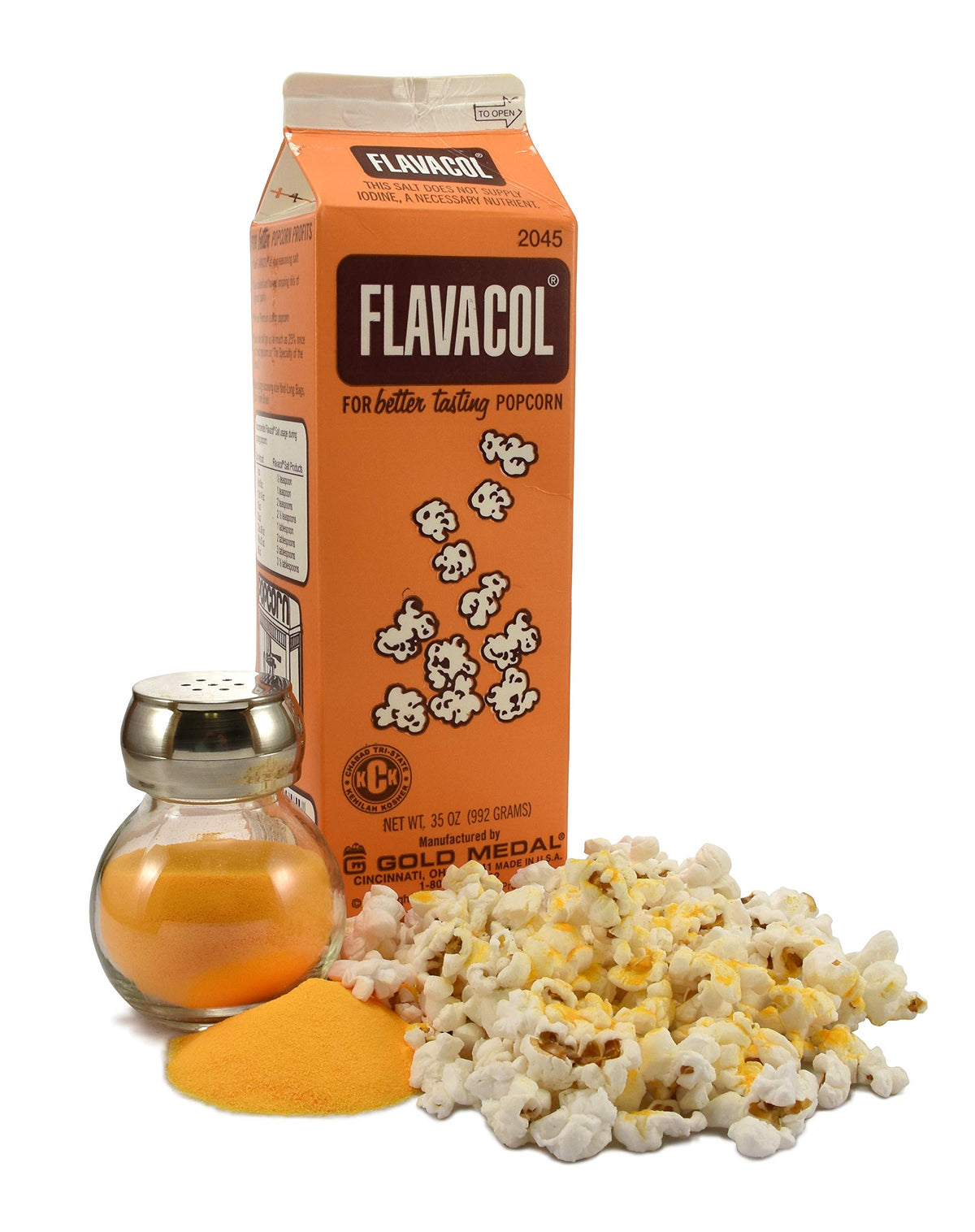 Gold Medal Flavacol popcorn salt 2-pack jar dispensing shot shows even distribution.