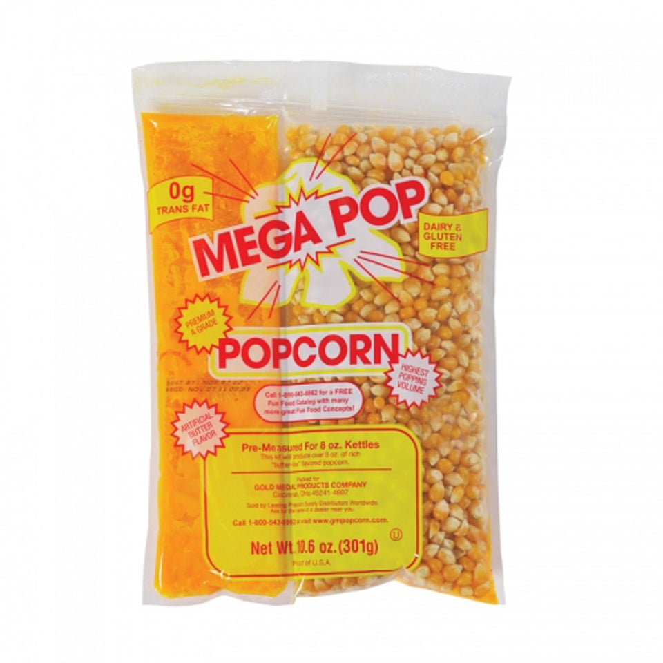 Gold Medal Mega-pop popcorn kit, premeasured for 8 oz poppers, quick, flavorful batches.