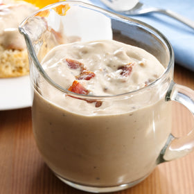 Gold Medal Wondra quick-mixing flour pouring image emphasizes smooth gravies
