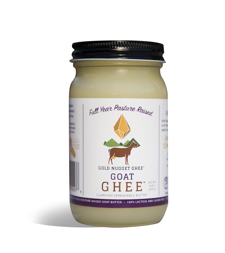 Gold Nugget Ghee goat ghee bottle—premium A2/A2, great for keto and cooking.