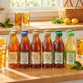 Gold Peak Georgia Peach Tea bottle with fruity notes for easy hosting.