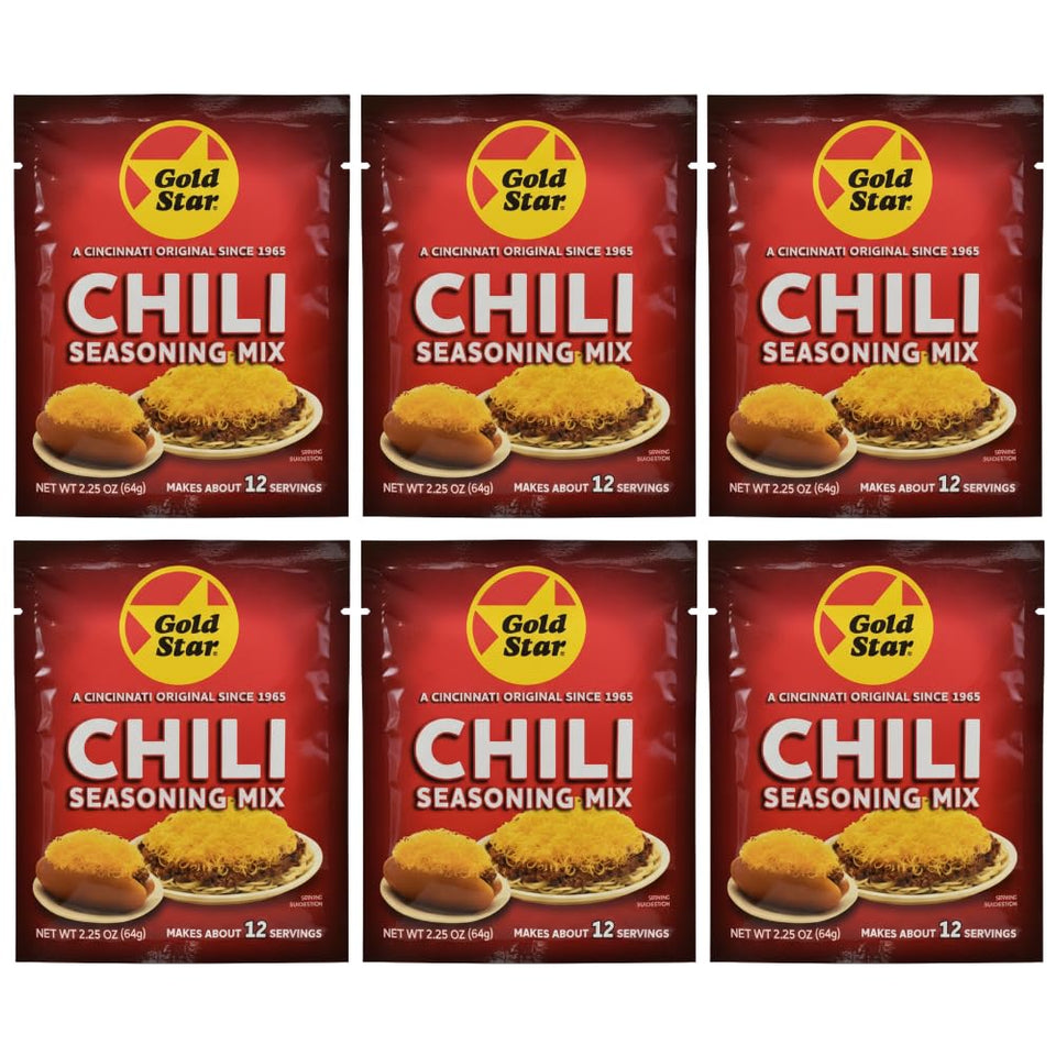 Gold Star Chili seasoning packets front label for quick authentic Cincinnati chili