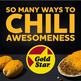 Gold Star Cincinnati chili over spaghetti on a classic 3-Way plate