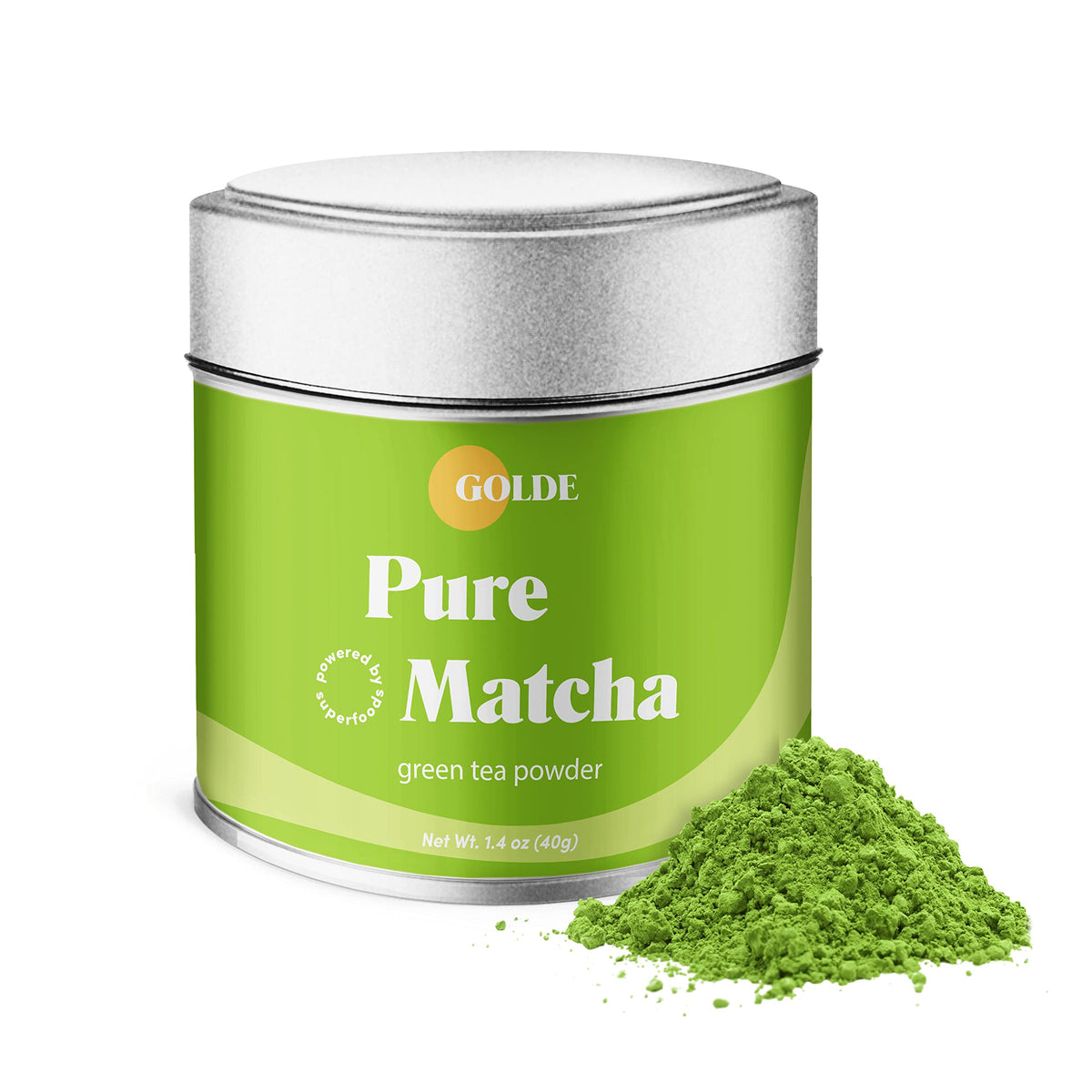 GOLDE Pure Matcha ceremonial-grade jar ready for whisking vibrant tea rituals.