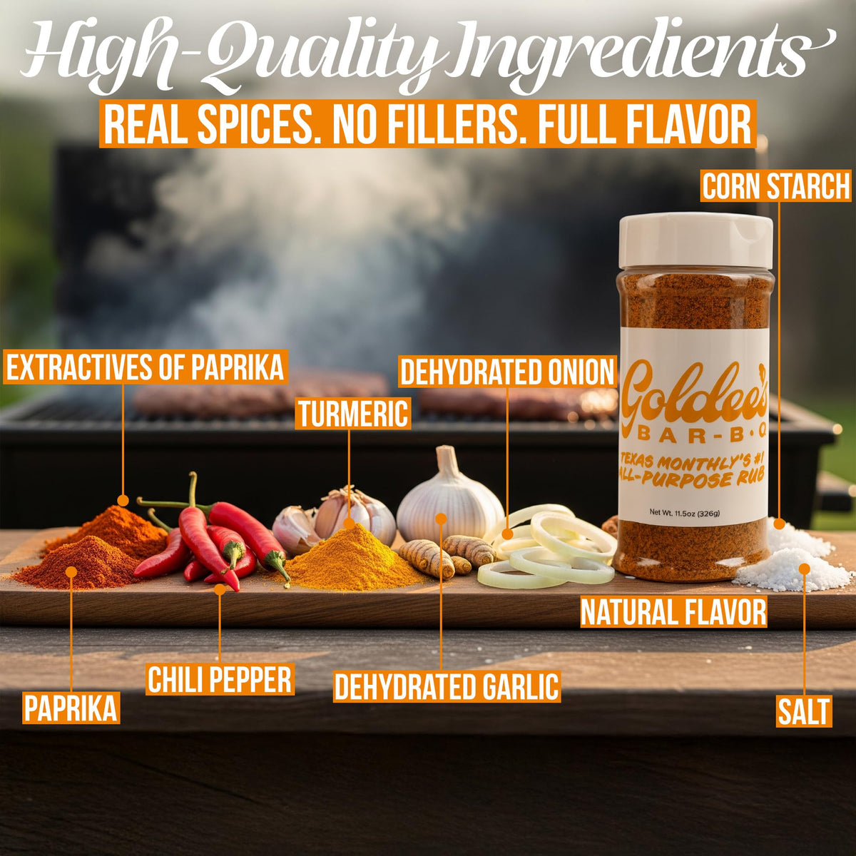 Goldee's Bar-B-Q All-Purpose Seasoning Rub grill-ready mix enhances grilled dishes with savory sweetness.