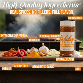 Goldee's Bar-B-Q All-Purpose Seasoning Rub grill-ready mix enhances grilled dishes with savory sweetness.