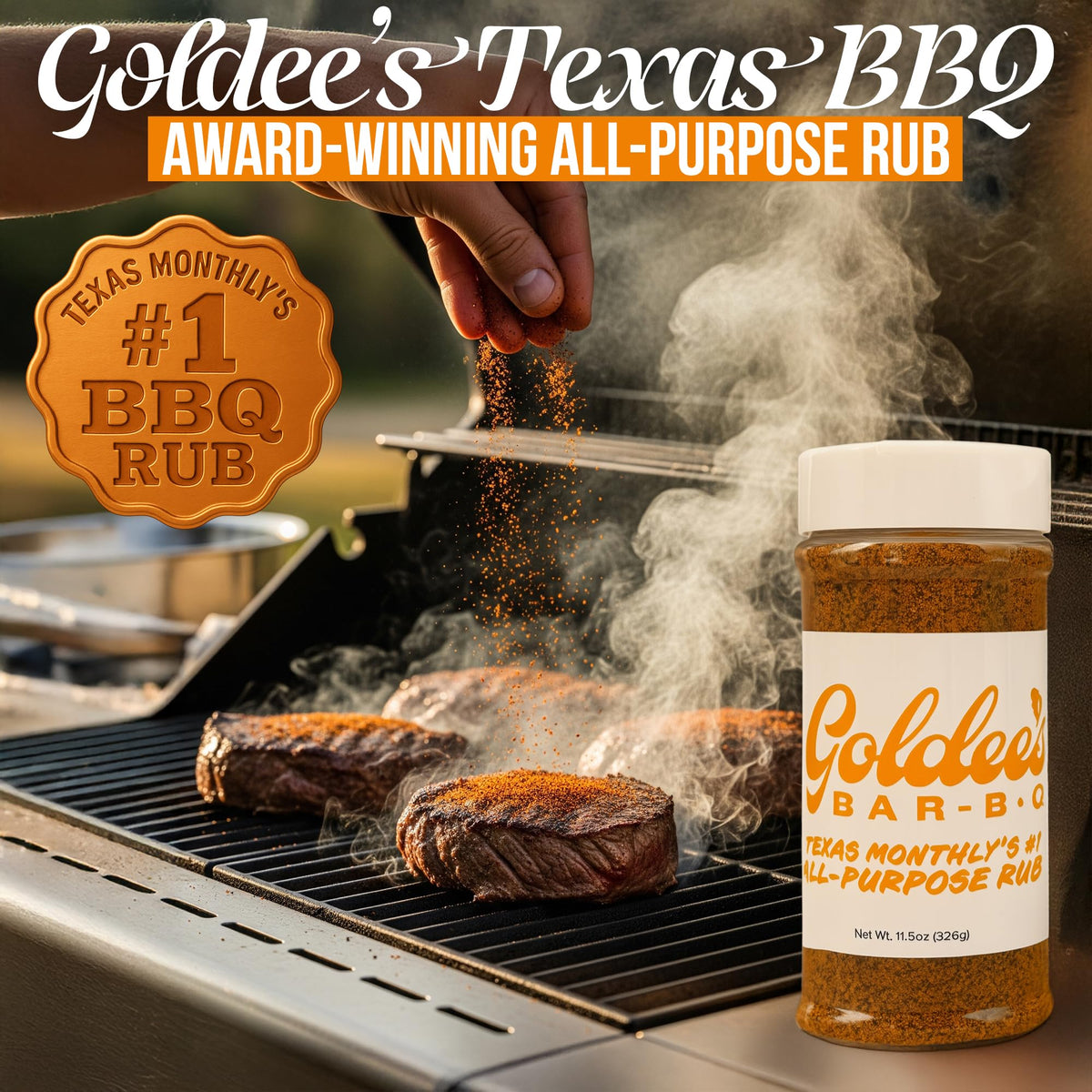 Goldee's Bar-B-Q All-Purpose Seasoning Rub pour-ready bottle adds instant flavor to meals.