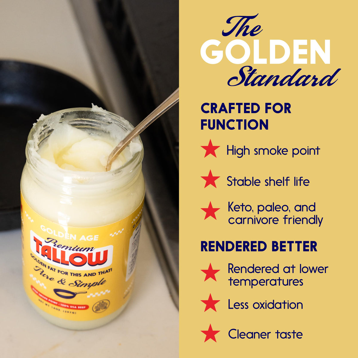 Golden Age Premium Tallow high-smoke-point 420F enables crisp sears and versatile cooking.