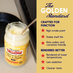 Golden Age Premium Tallow high-smoke-point 420F enables crisp sears and versatile cooking.