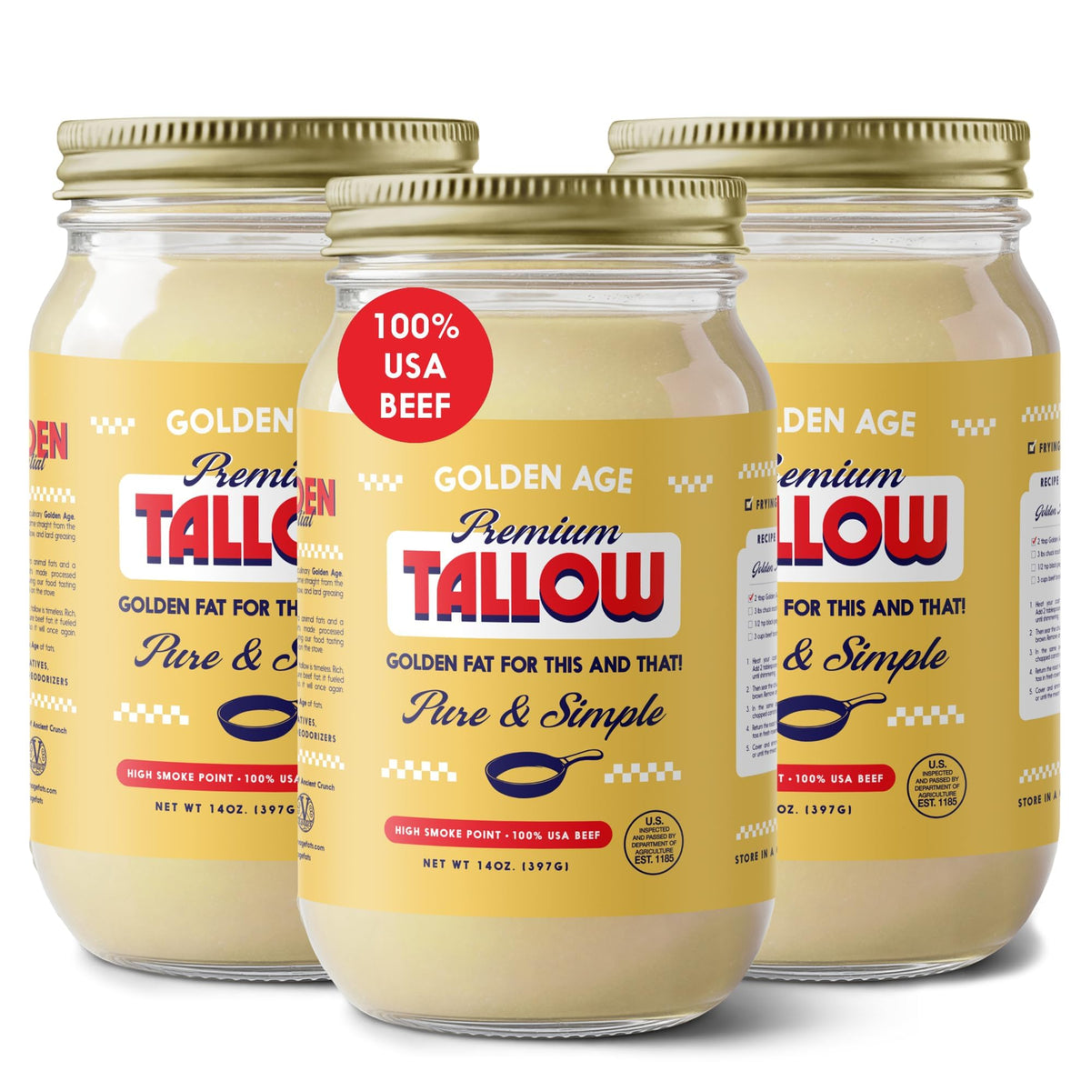Golden Age Premium Tallow three-pack packaging highlights versatility for cooking and skincare.