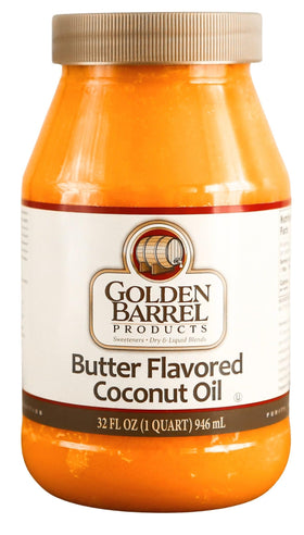 Golden Barrel Butter Flavored Coconut Oil bottle pour for a creamy popcorn finish