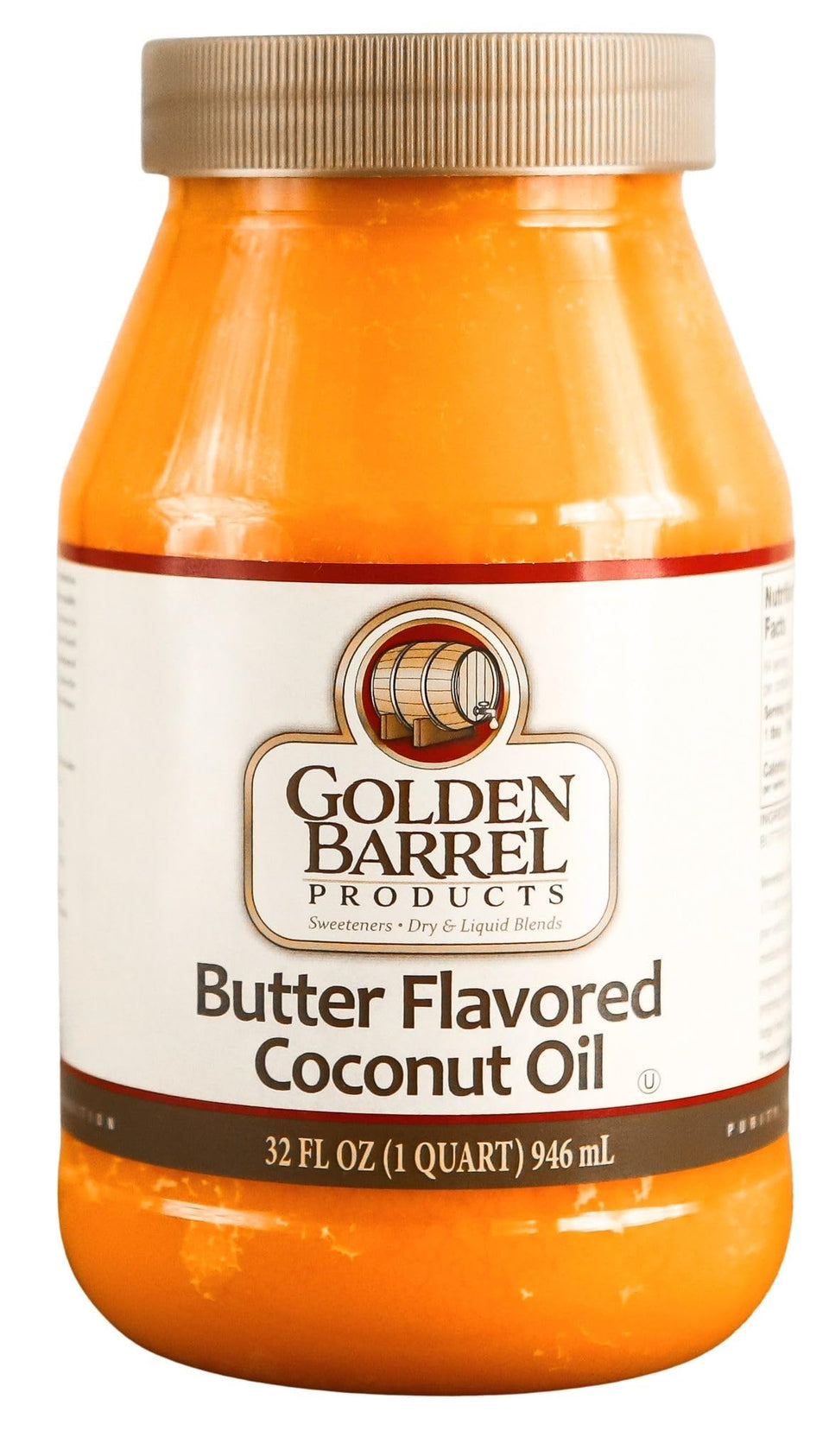 Golden Barrel Butter Flavored Coconut Oil bottle pour for a creamy popcorn finish
