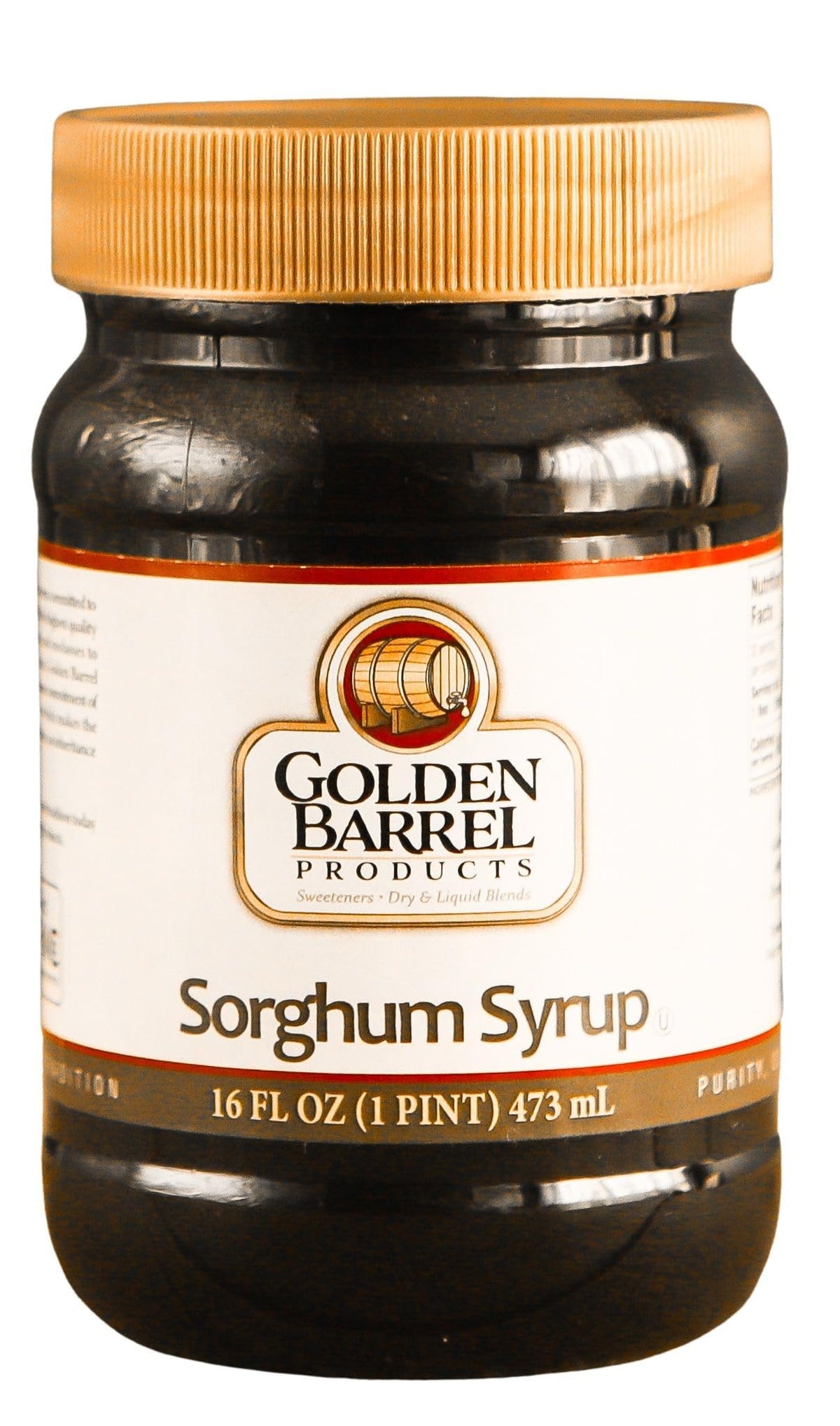 Golden Barrel Pure Sorghum Syrup jar; iron-rich sweetener for pancakes.