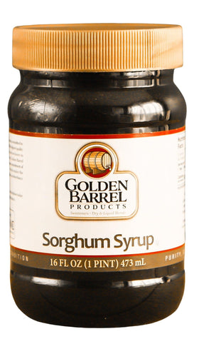 Golden Barrel Pure Sorghum Syrup jar; iron-rich sweetener for pancakes.