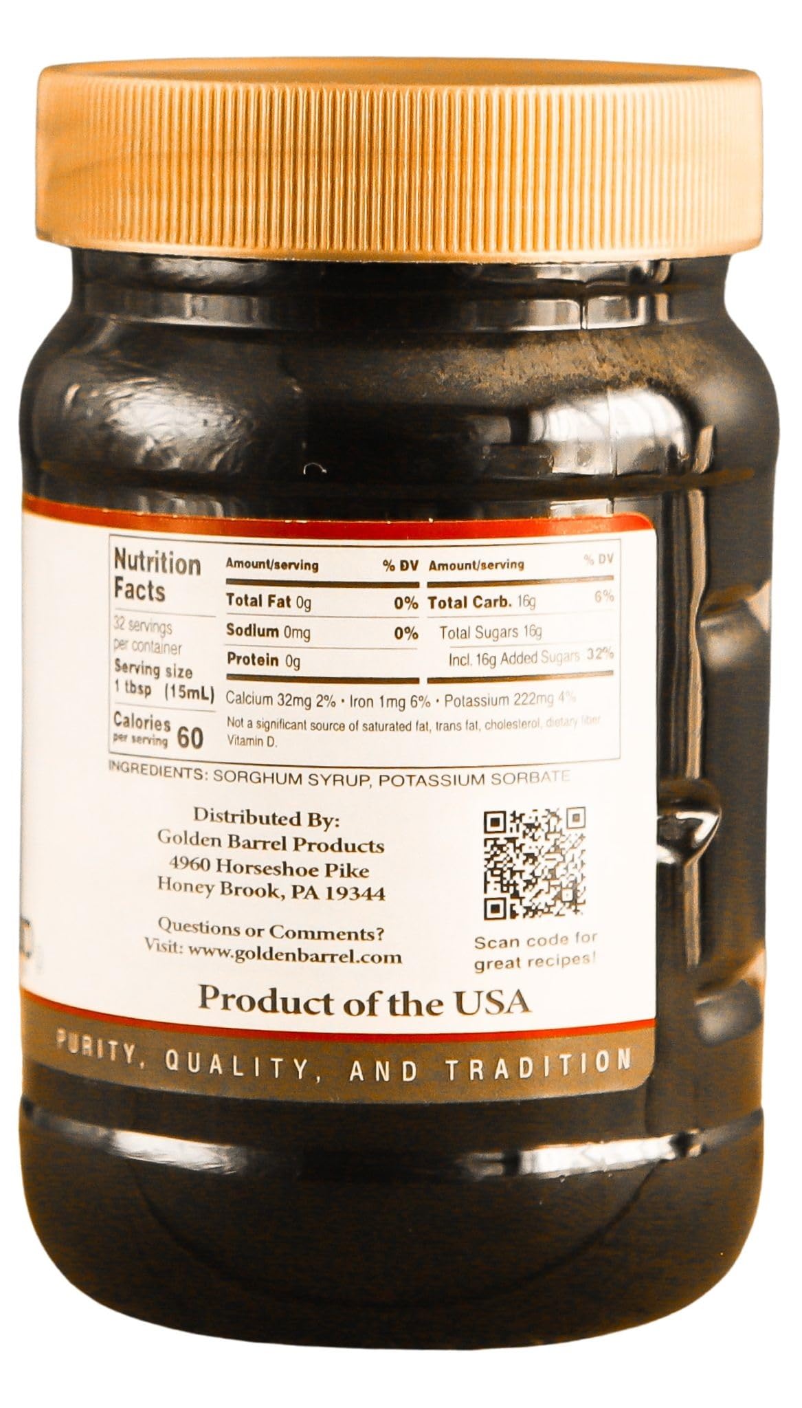 Golden Barrel Sorghum Syrup bottle pouring; great for oats and biscuits.