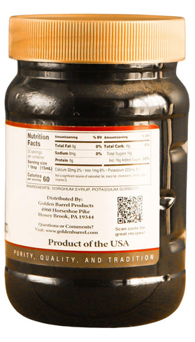 Golden Barrel Sorghum Syrup bottle pouring; great for oats and biscuits.