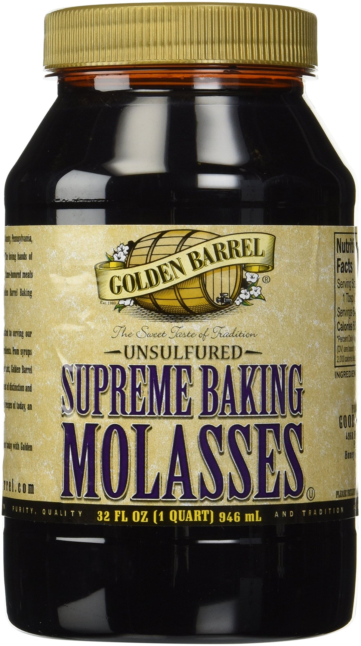 Golden Barrel Unsulphured Supreme Baking Molasses bottle reveals deep brown color for cookies and moisture.