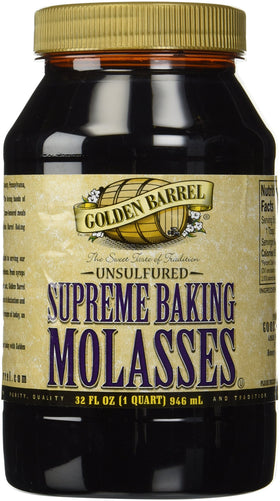Golden Barrel Unsulphured Supreme Baking Molasses bottle reveals deep brown color for cookies and moisture.
