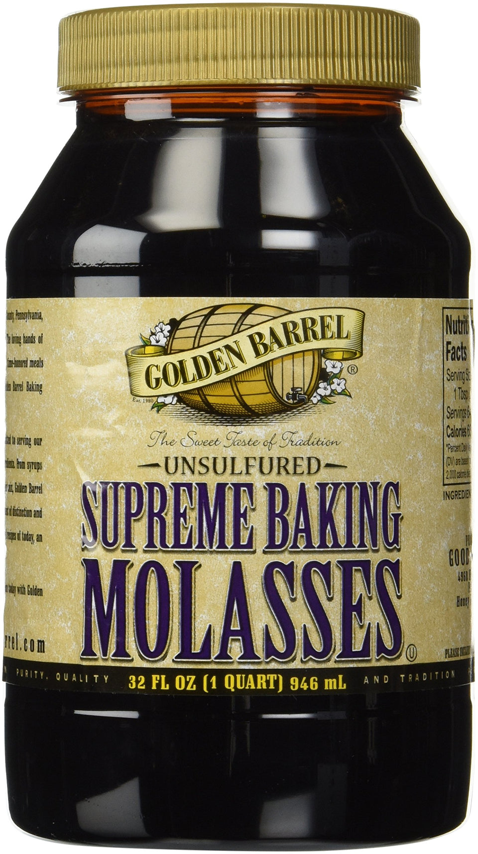 Golden Barrel Unsulphured Supreme Baking Molasses bottle reveals deep brown color for cookies and moisture.