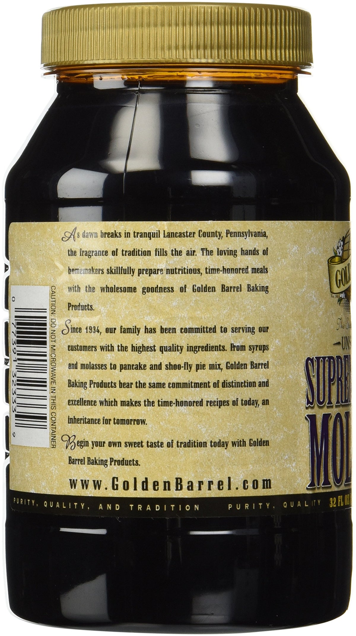 Golden Barrel Unsulphured Supreme Baking Molasses label close-up highlights premium quality for baking.
