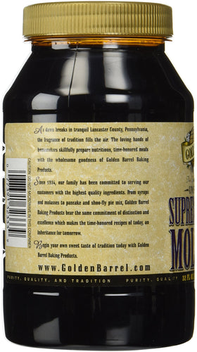 Golden Barrel Unsulphured Supreme Baking Molasses label close-up highlights premium quality for baking.