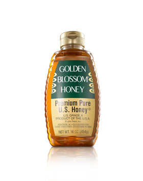 Golden Blossom honey jar front view, pure natural sweetness for daily tea and toast.